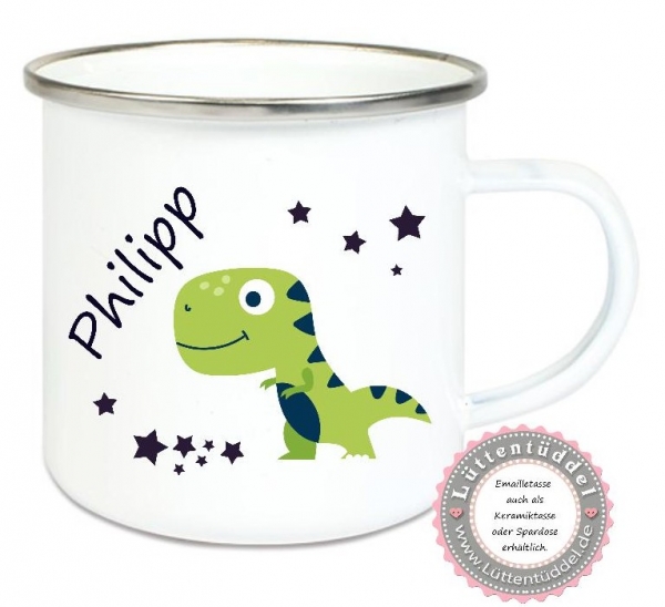 ♥ zauberhafte Tasse Emailletasse Becher lieber Dino ; Name, Wunschname, Sterne KITA Kindergarten, Geburtstag, Einschulung, Kindergeburtstag, Dankeschön, Abschied, Jubiläum, Geschenk, Becher von Lüttentüddel
